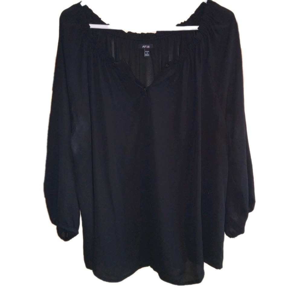 APT 9 Shirt Women's 1X Black Sheer Blouse Elastic Sleeves Elegant Romantic Chic